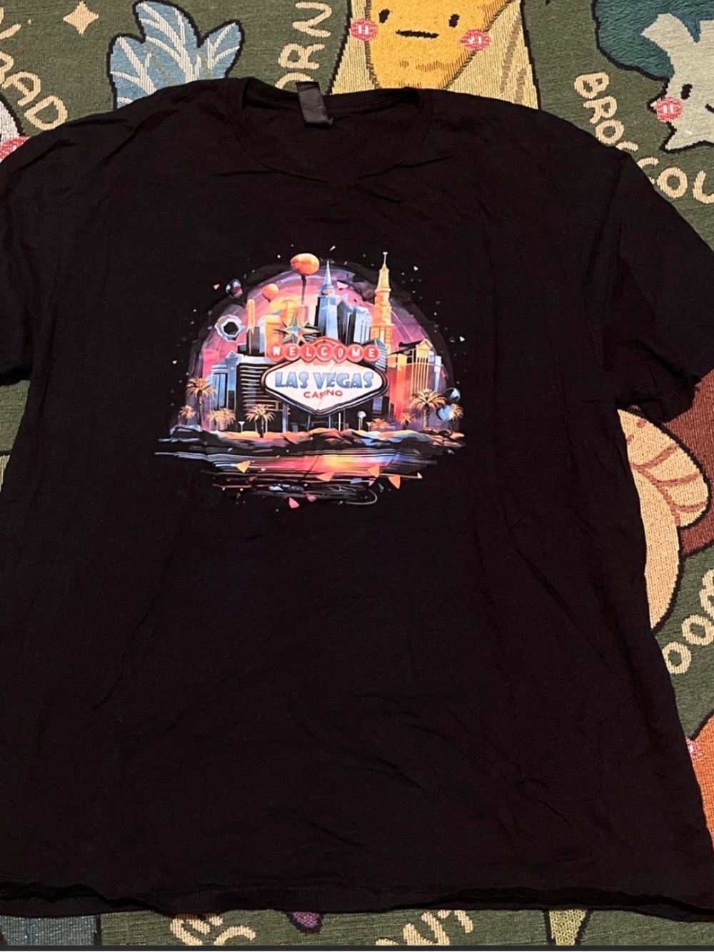 Gildan Black Tee with Neon Las Vegas Skyline Graphic